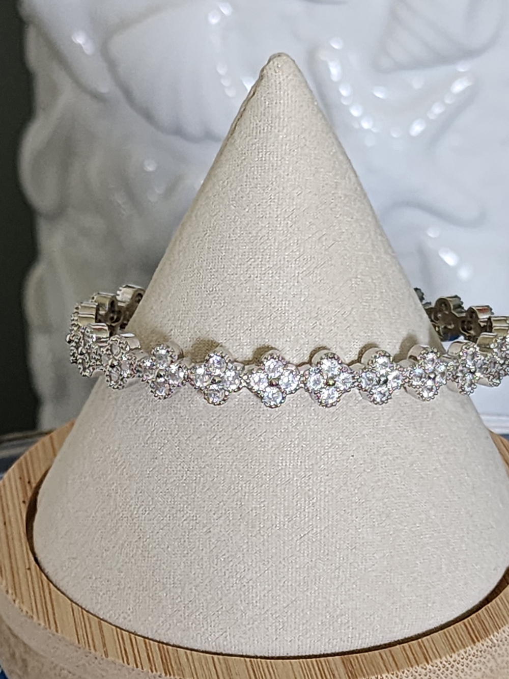 Crystal Floral Cluster Slip-on Open Bracelet in Silver-Tone